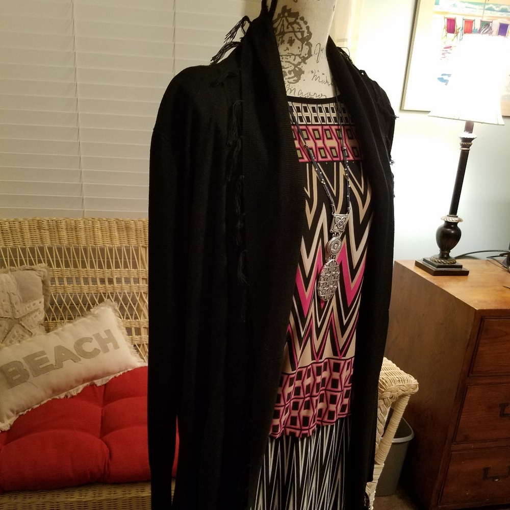Cable & Guage Boho black tassel fringe sweater